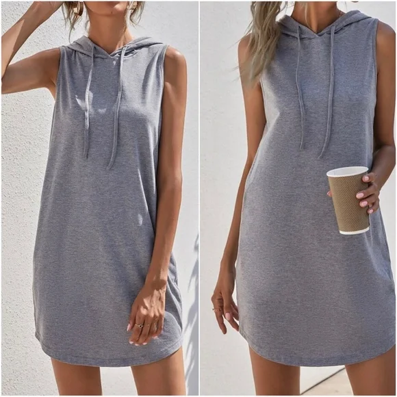 Cozy Navy Blue Minimalist Sleeveless Hoodie Casual Dress - Picture 5 of 7